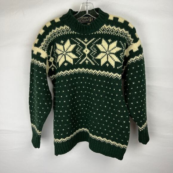 Esk Valley Wool Silk Sweater Unisex Sm-Med Green Fair Isle Nordic Snowflake Ski - Picture 2 of 8